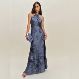 Reformation Veria Trieste Border Navy Floral Maxi Silk Dress